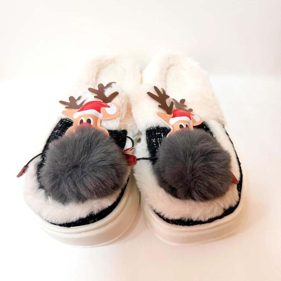 Домашні капці Cozy Reindeer, розмір 36–41, молочні із сірим помпоном