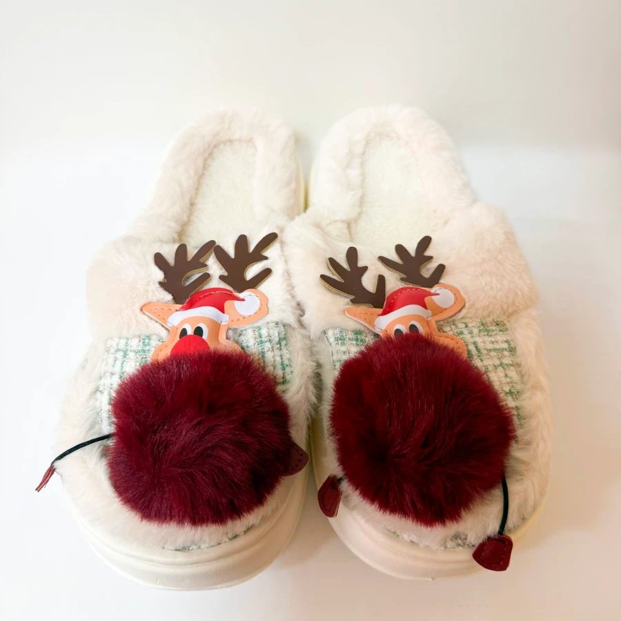 Домашні капці Cozy Reindeer, розмір 36–41, молочні з бордовим помпоном