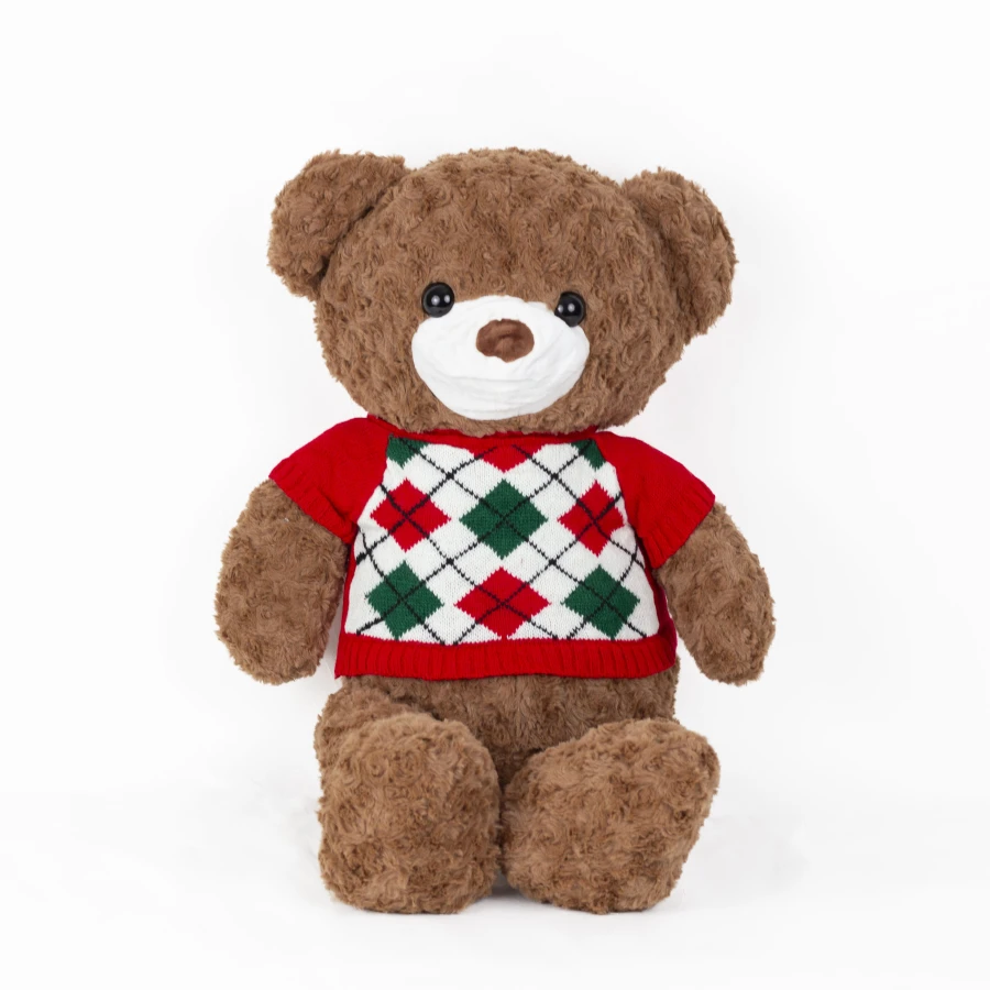 М’яка іграшка Ведмедик у червоному светрі з пледом — Cozy Warm Bear